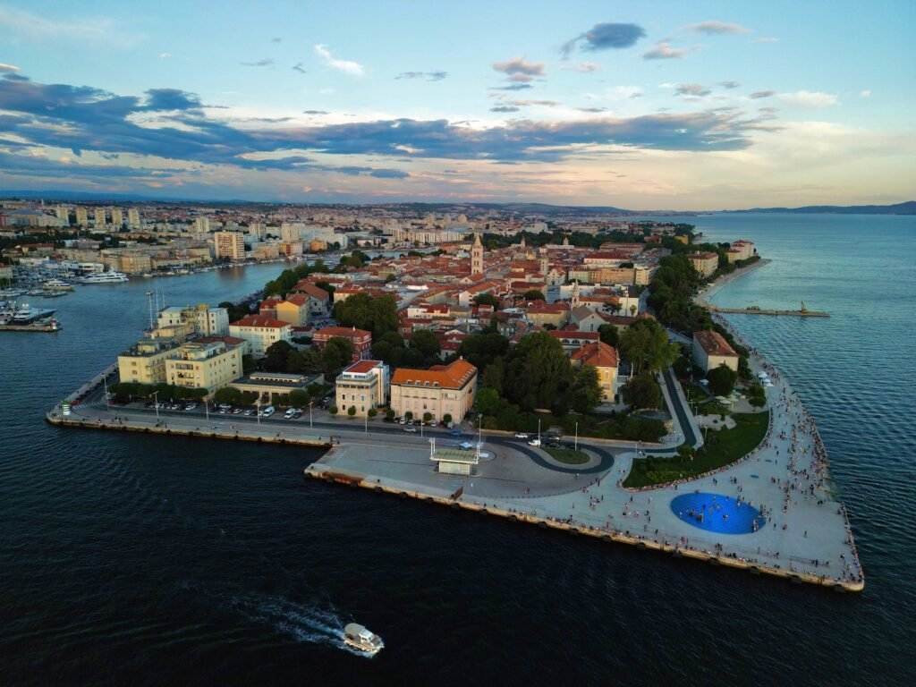 Aerial view of the Zadar peninsula and old town at dusk