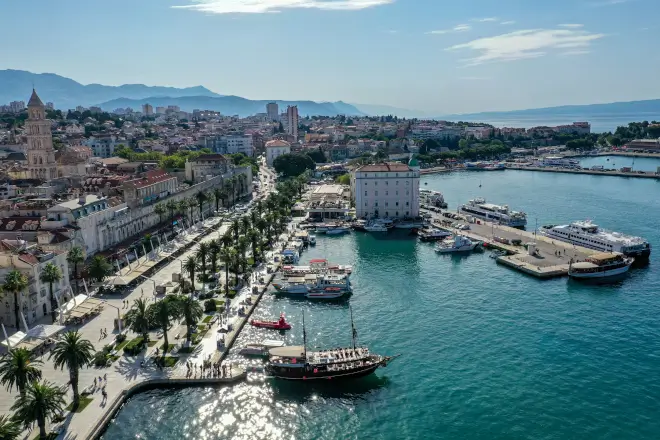 Aerial view of the Split waterfront promenade and harbour