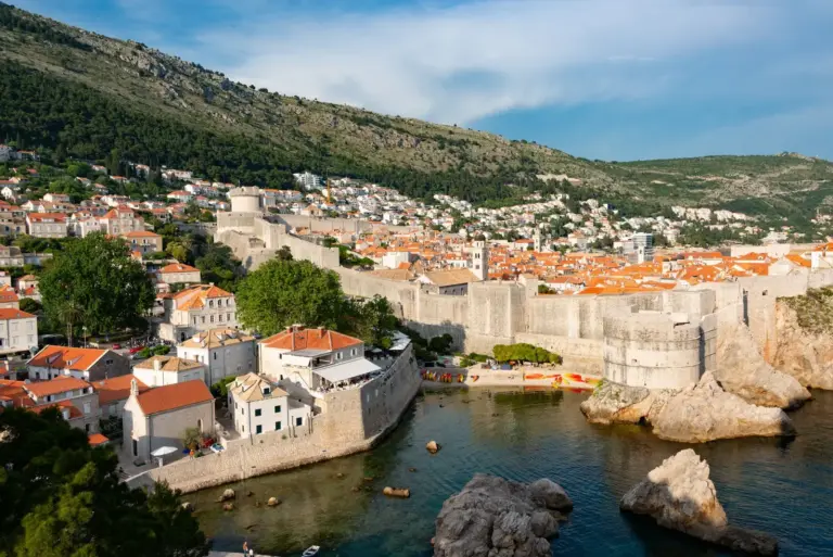 Dubrovnik old town and city walls above the sea