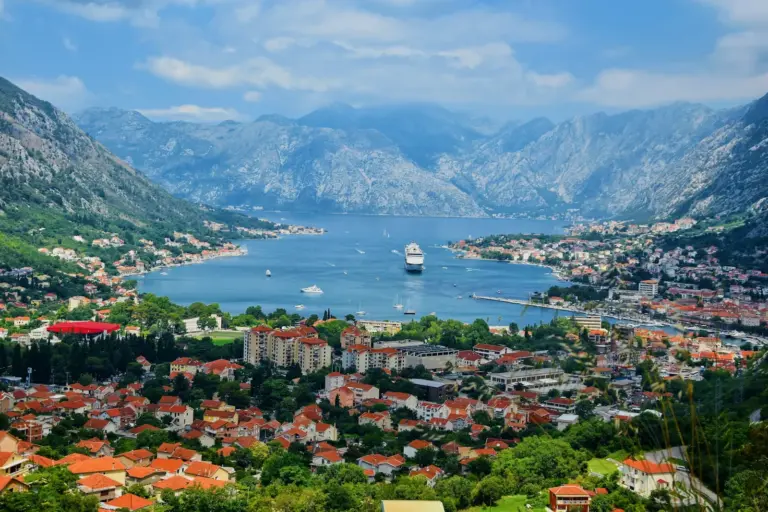 Aerial view of the Bay of Kotor and Kotor town in Montenegro