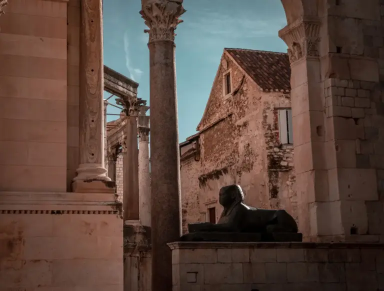 Peristyle courtyard of Diocletian's Palace in Split with the granite sphinx