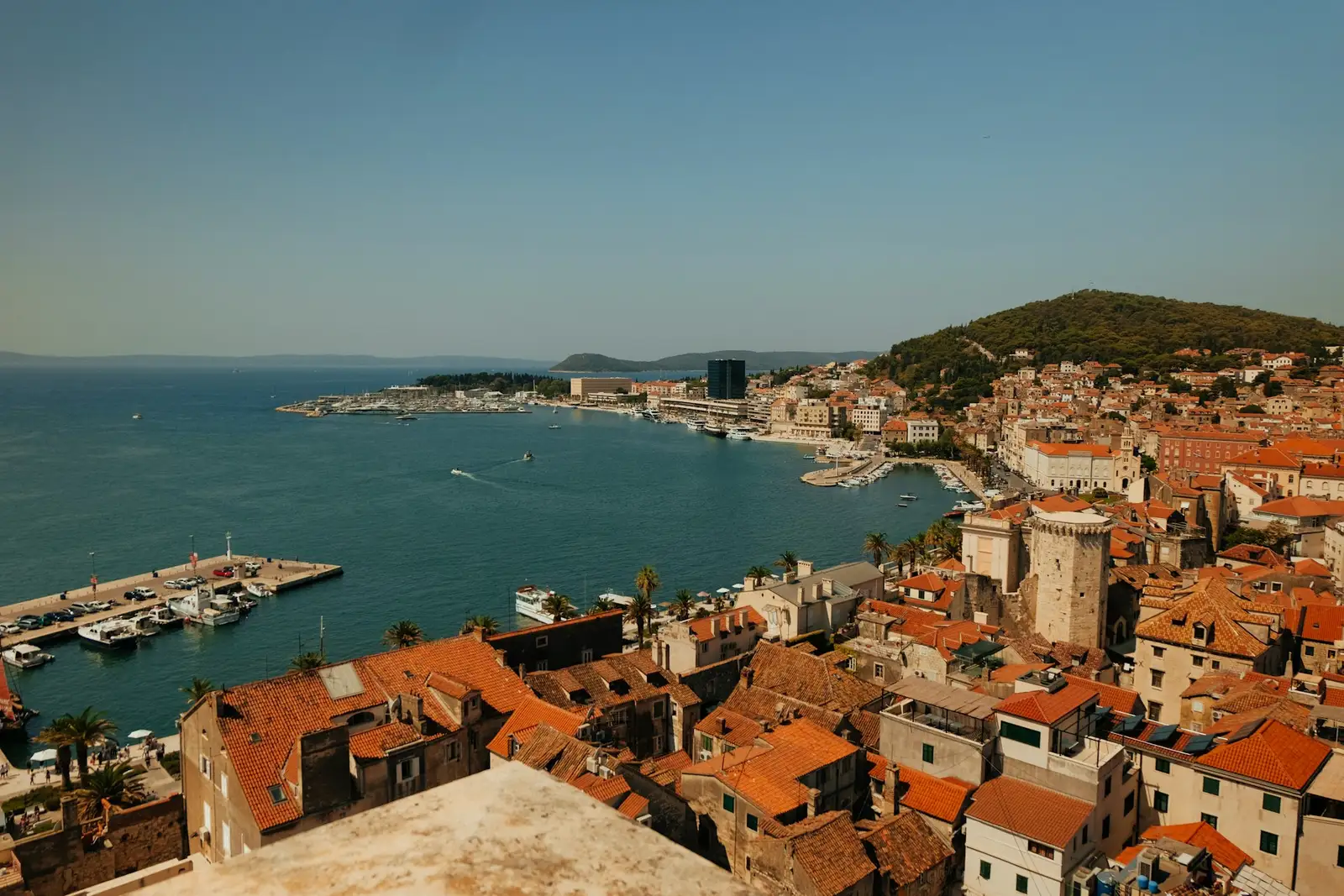 Split old town rooftops and harbour seen from the Cathedral of Saint Domnius bell tower