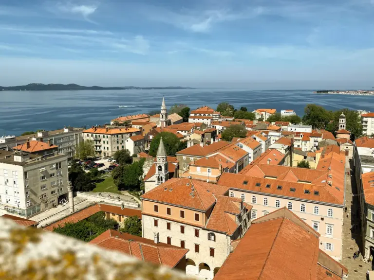 Zadar old town rooftops and the sea seen from the cathedral bell tower