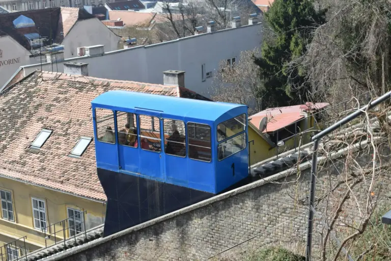 Blue funicular car between the Lower and Upper Town in Zagreb